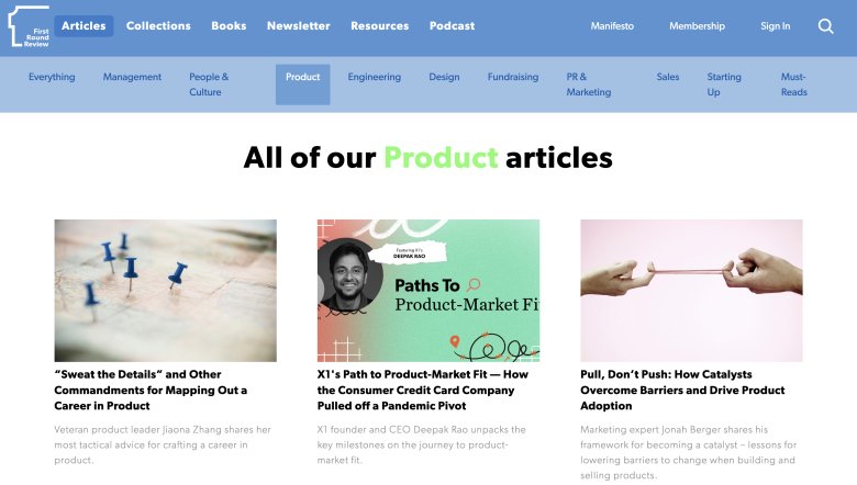 First Round Review website layout.