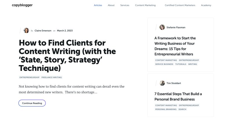 Copyblogger website homepage with entrepreneur blogs roll.