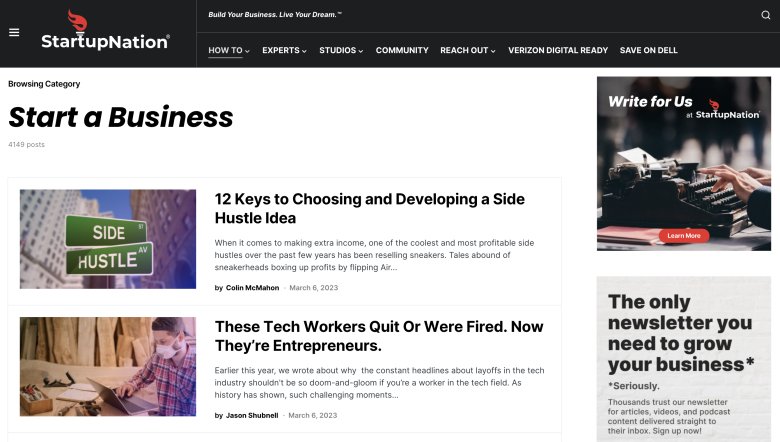 StartupNation website layout.